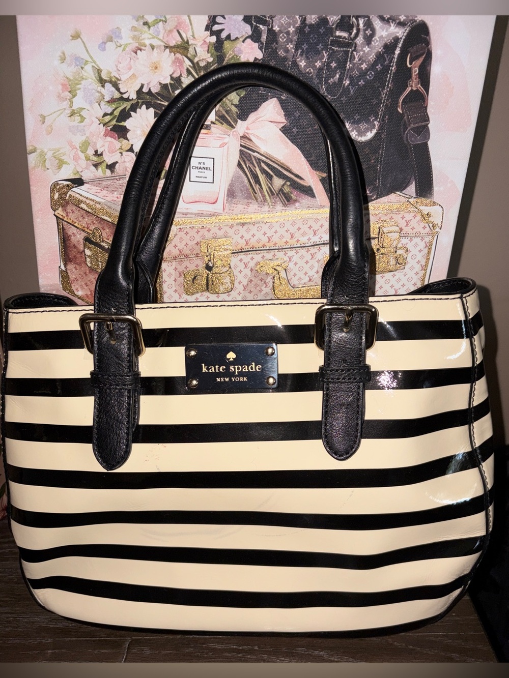 Kate Spade New York Carlisle Street Sylvia Satchel Black & Cream Striped Patent